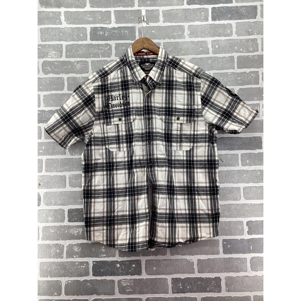 Harley‎ Davidson Mens XL Plaid Button Down Shirt Short Sleeve Black White Grey